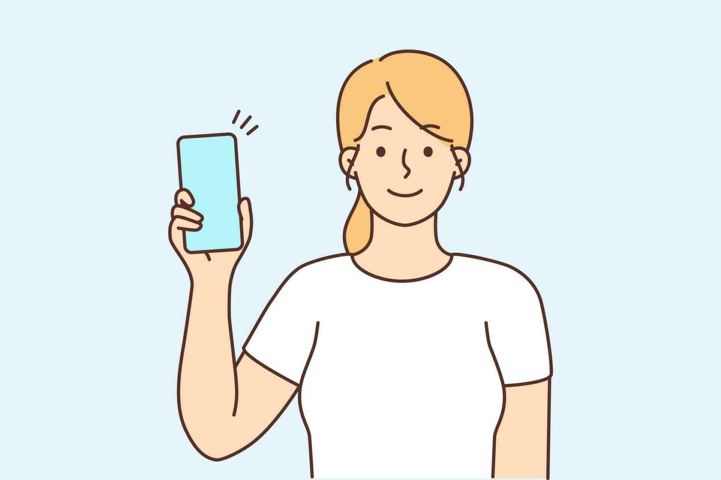 Happy girl show modern cellphone with mockup screen. Smiling young woman demonstrate smartphone with good deal or promotion. Copy space. Vector illustration.