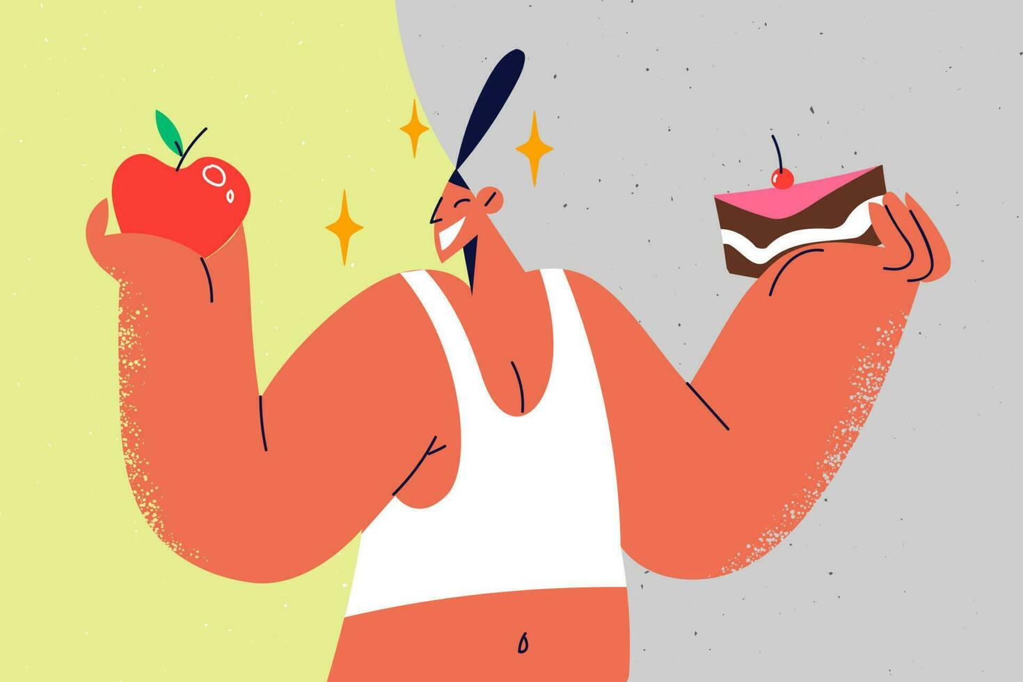 Smiling woman in sportswear holding cake and apple making choice. Happy girl decide between healthy and unhealthy food. Vector illustration.