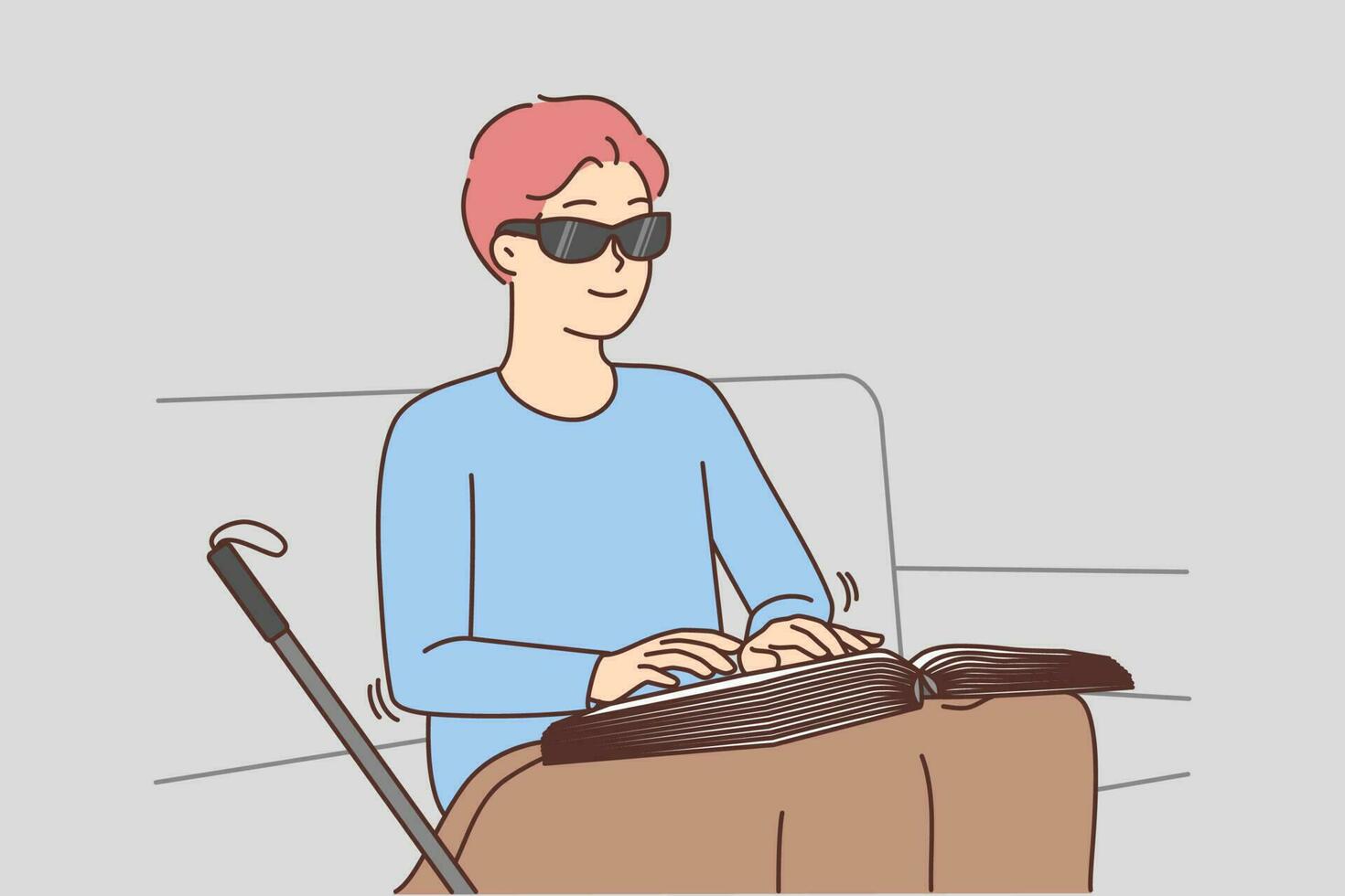 Blind man reading braille book at home. Smiling positive guy in glasses read textbook by touch. Blindness and disability. Vector illustration.