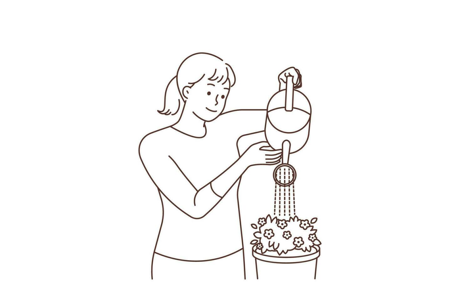 Smiling young woman watering flowers at home. Happy girl holding water can take care of houseplant in pot. Gardening concept. Vector illustration.