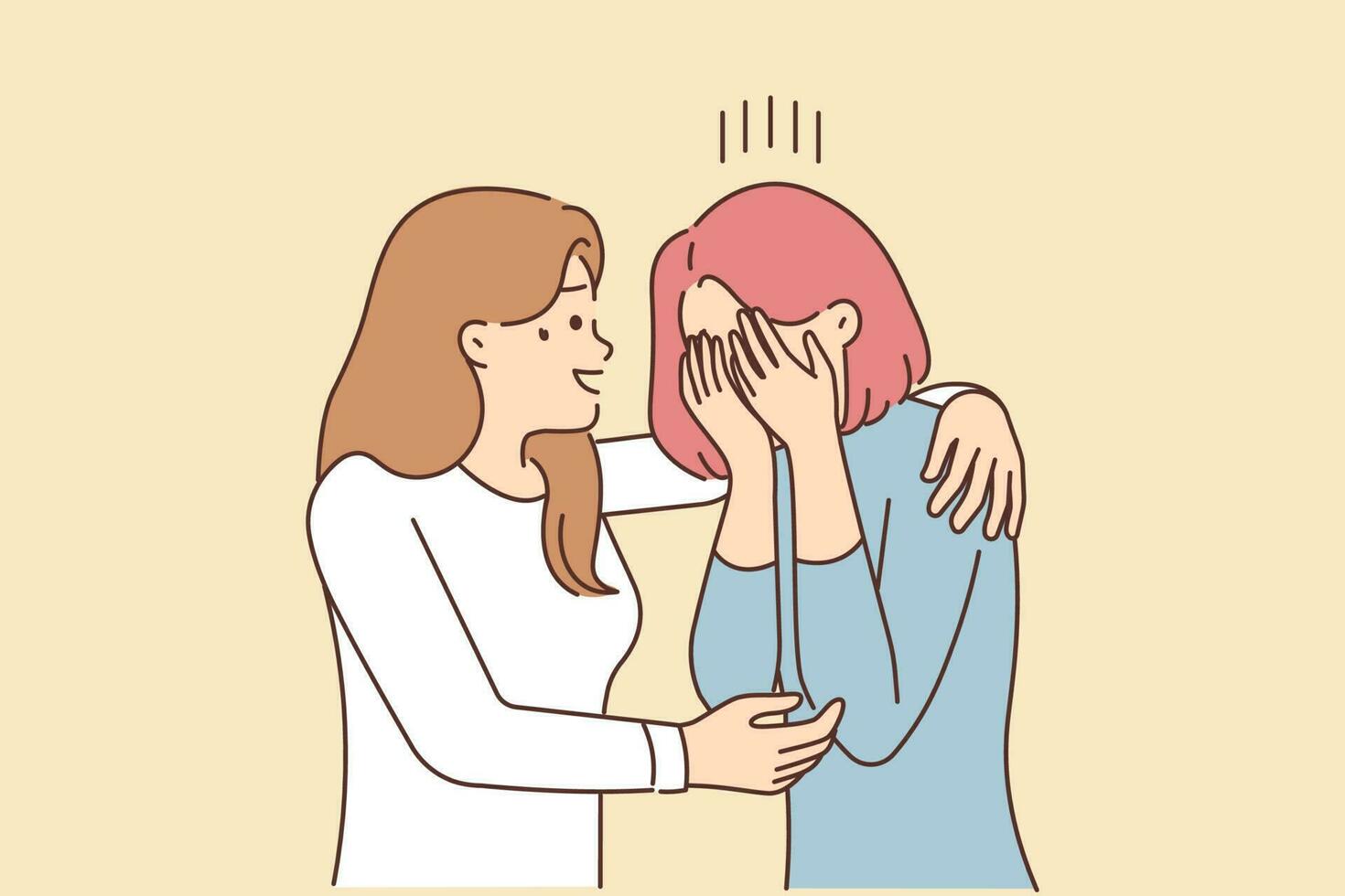 Caring young woman hug comfort unhappy crying friend suffer from life problems. Smiling female embrace caress upset distressed girlfriend. Friendship and support. Vector illustration.