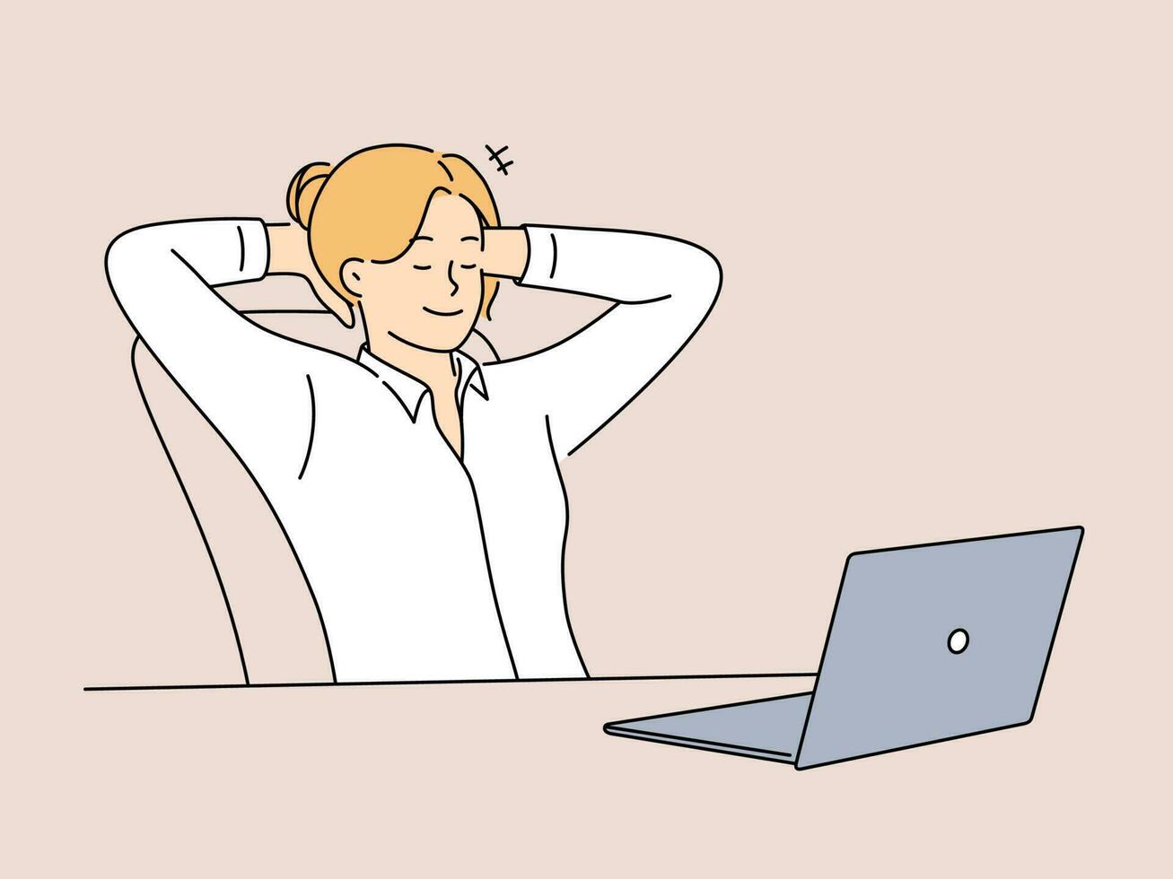 Happy businesswoman relax in chair in office distracted from computer work. Smiling female employee take nap daydream at desk at workplace. Vector illustration.