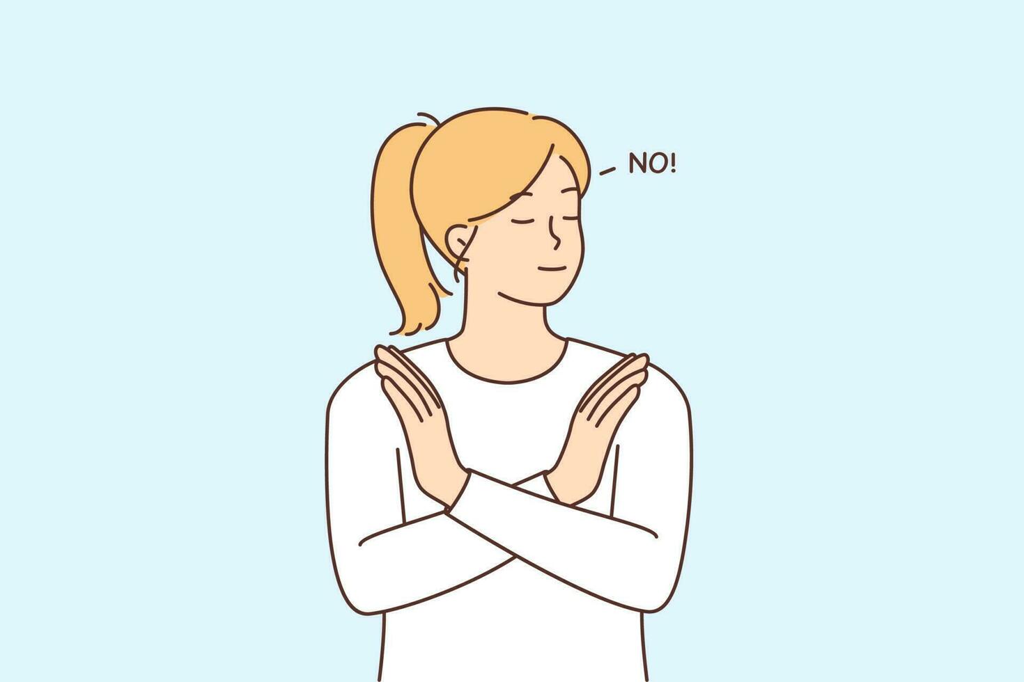 Decisive young woman show stop hand gesture saying no. Girl demonstrate rejection or refusal with sign. Nonverbal communication. Vector illustration.