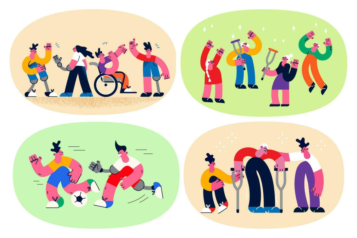 Set of diverse active people with physical disabilities living normal full life having fun together. Collection of men and women having chronic disability show equality. Flat vector illustration.