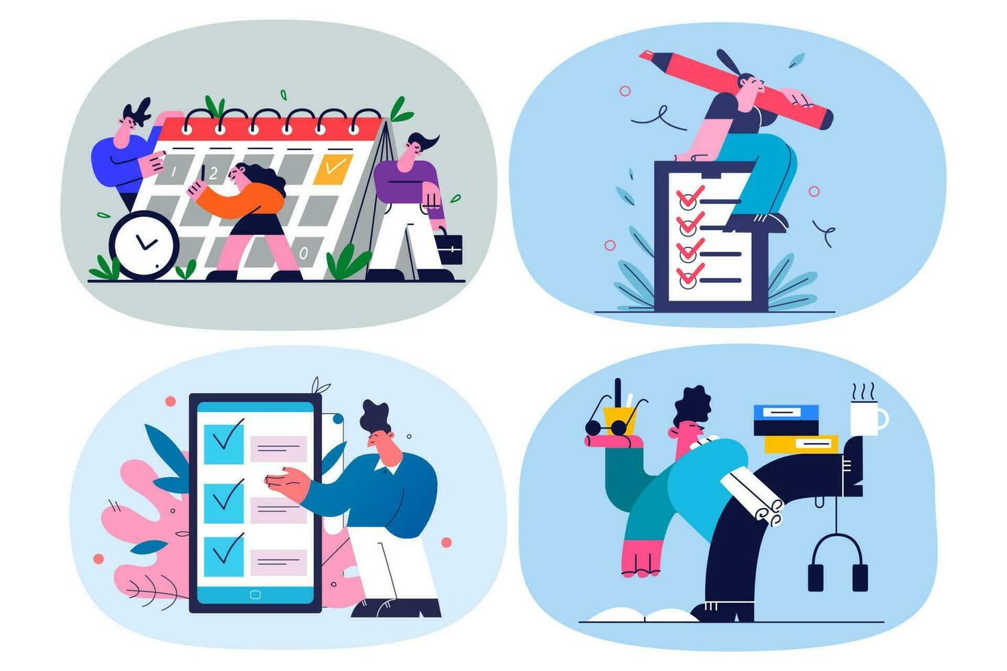 Employee multitask at workplace, check finished businesses in list. Businesspeople meet deadline manage with workload in office. Good time management concept. Flat vector illustration. Set.