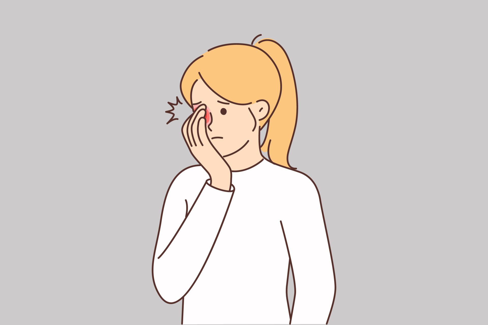 mujer siente dolor en ojos cubierta enrojecido alumno con mano y