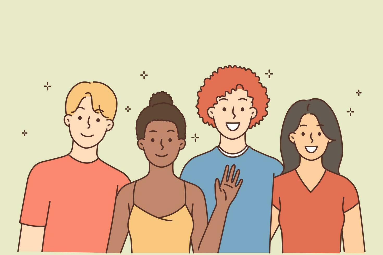 Portrait of smiling interracial group hugging feeling positive and happy. Overjoyed multiracial friends say hello wave with hand. Vector illustration.