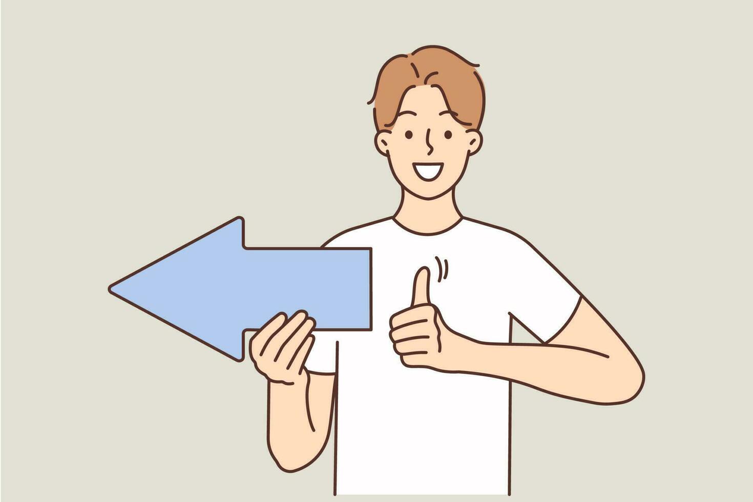 Smiling young man with arrow show direction recommend good deal or service. Happy guy point with sign make thumb up hand gesture give recommendation. Vector illustration.