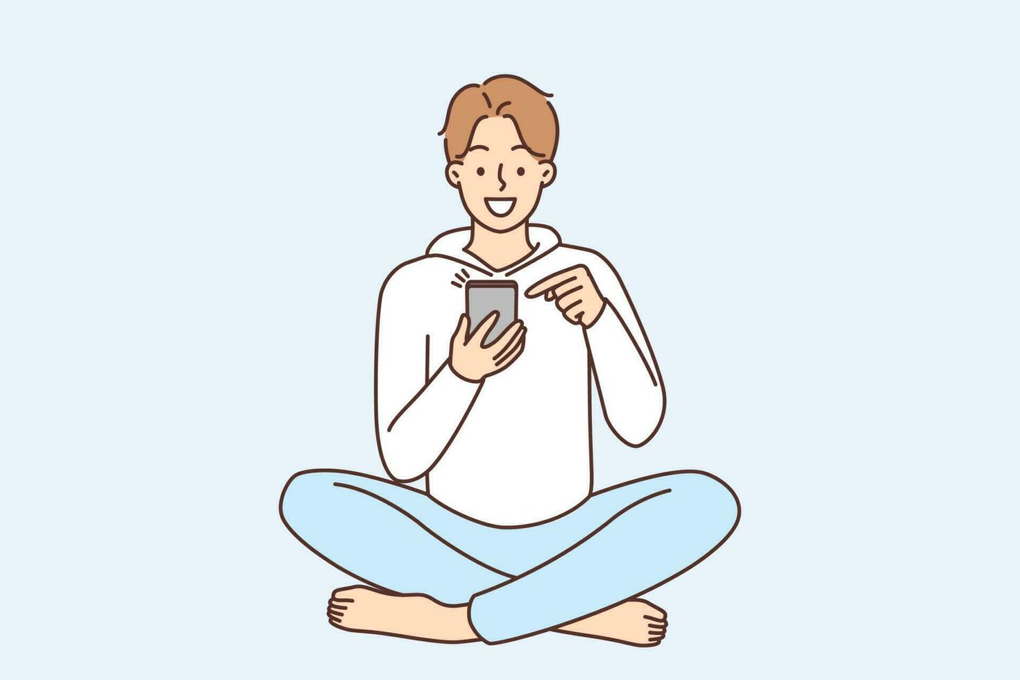 sonriente joven hombre sentar en piso utilizando moderno teléfono inteligente contento chico con Teléfono móvil vistazo Internet o charla en línea en social medios de comunicación. vector ilustración.