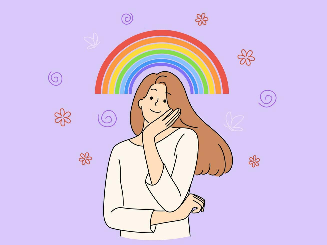 contento joven mujer en pie debajo arco iris soñando de brillante futuro. sonriente niña ensueño acerca de planes y perspectivas vector ilustración.