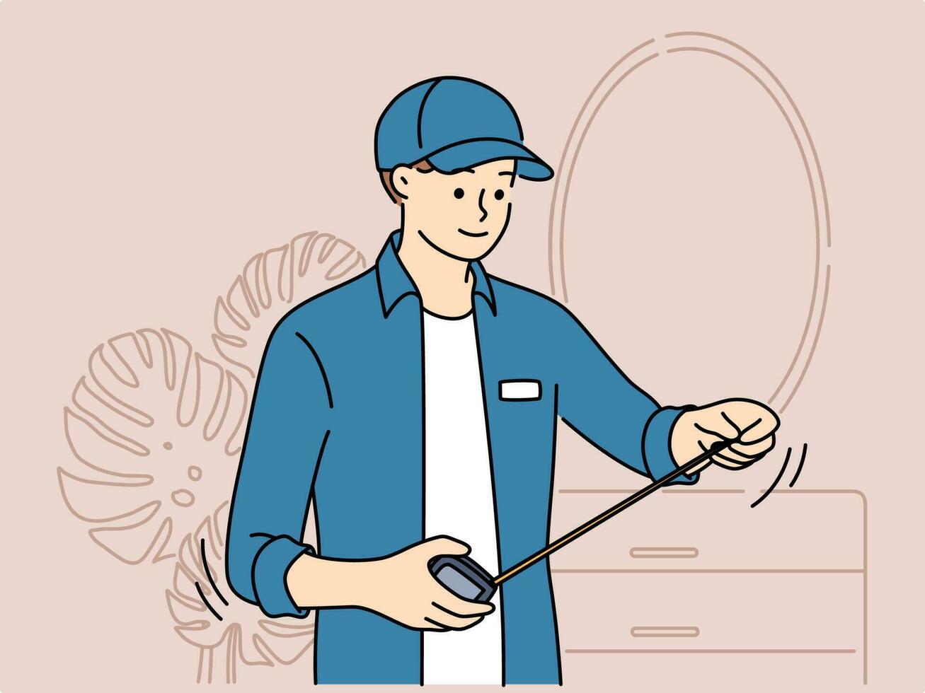 Male mechanic with measuring tape working in room in house. Smiling repairman with tape measure busy indoors. Vector illustration.