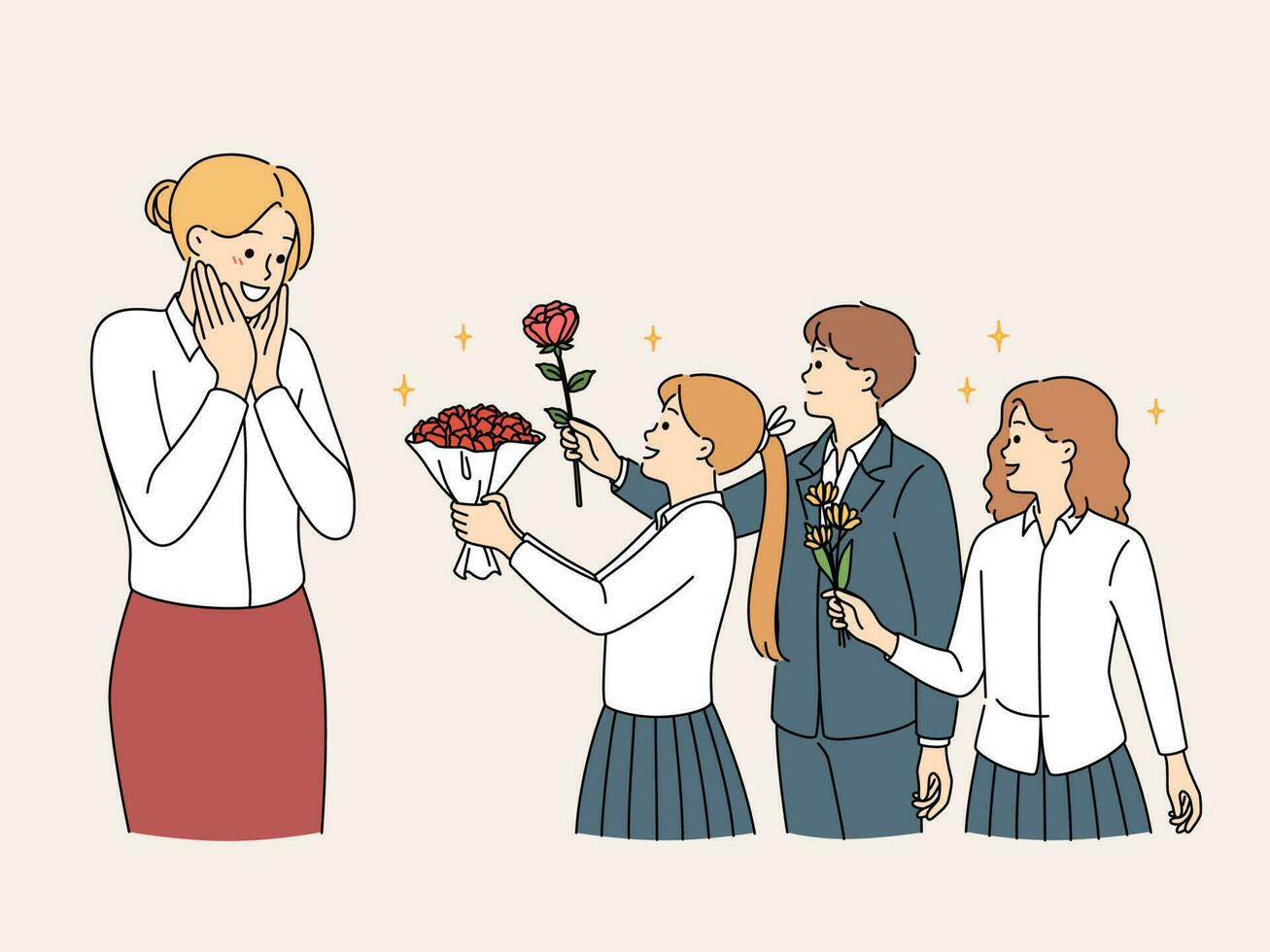 Happy children in uniform greeting excited young teacher presenting flowers. Smiling kids congratulate female tutor at school. Vector illustration.
