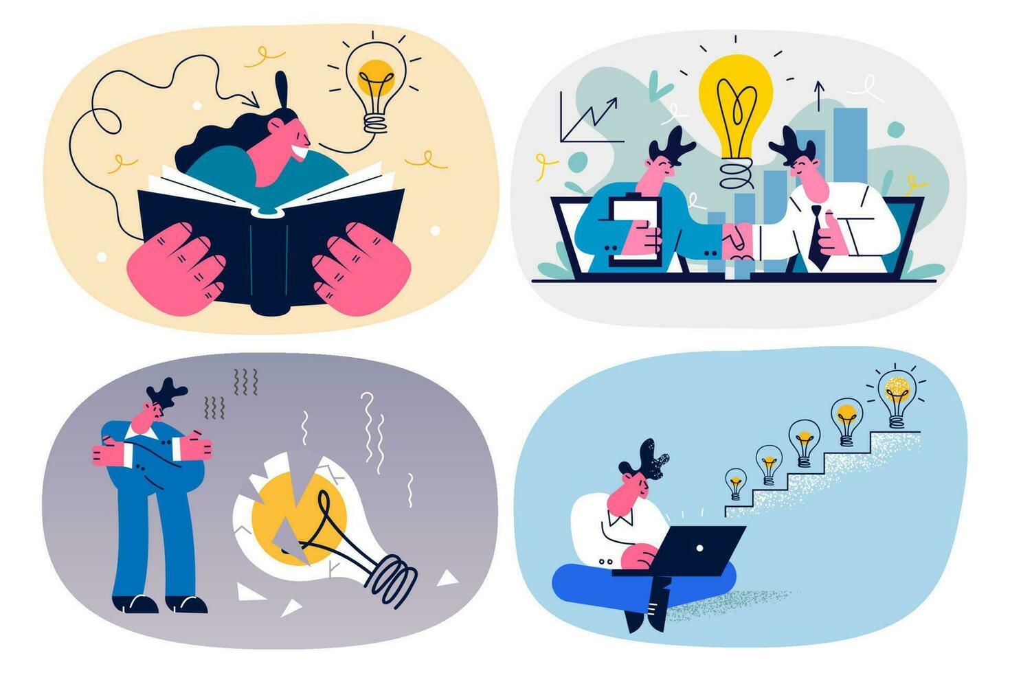 Pensive business person in office busy working on computer thinking developing project or strategy. Businesspeople brainstorm generate idea strive for financial success. Vector illustration. Set.