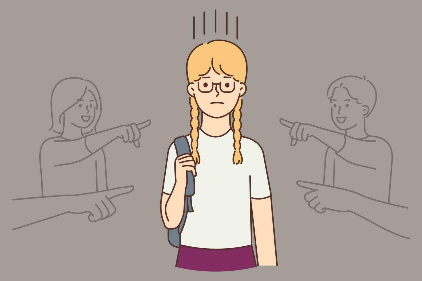 agresivo niños punto a pequeño niña riendo burlón su a escuela. infeliz niño sufrir desde intimidación y acoso. mofa concepto. vector ilustración.