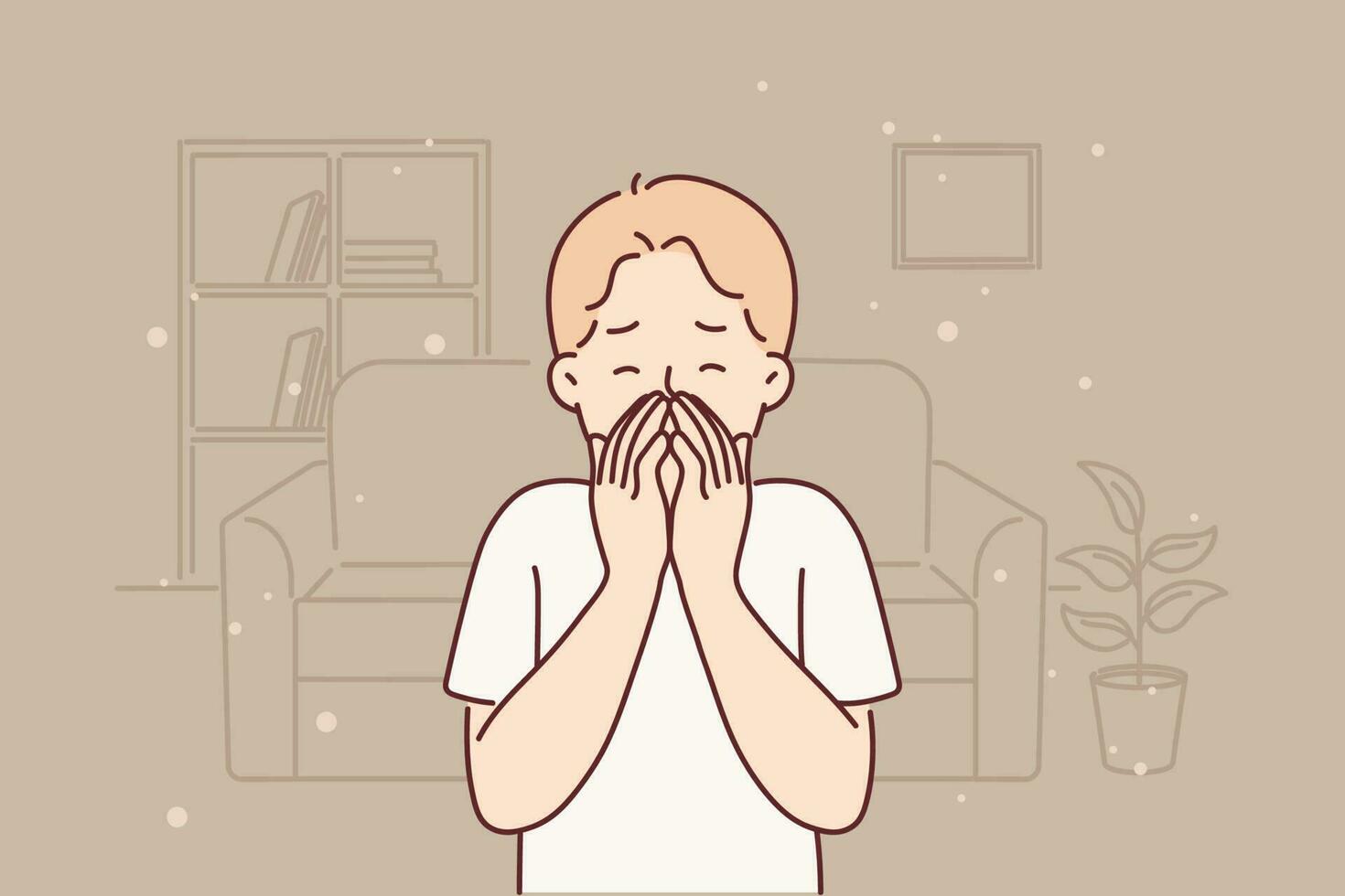 Little boy allergic to dust sneezes and suffers from runny nose standing in untidy room. Preteen boy needs allergic pills prescribed by doctor allergist due to being in dusty living room. vector