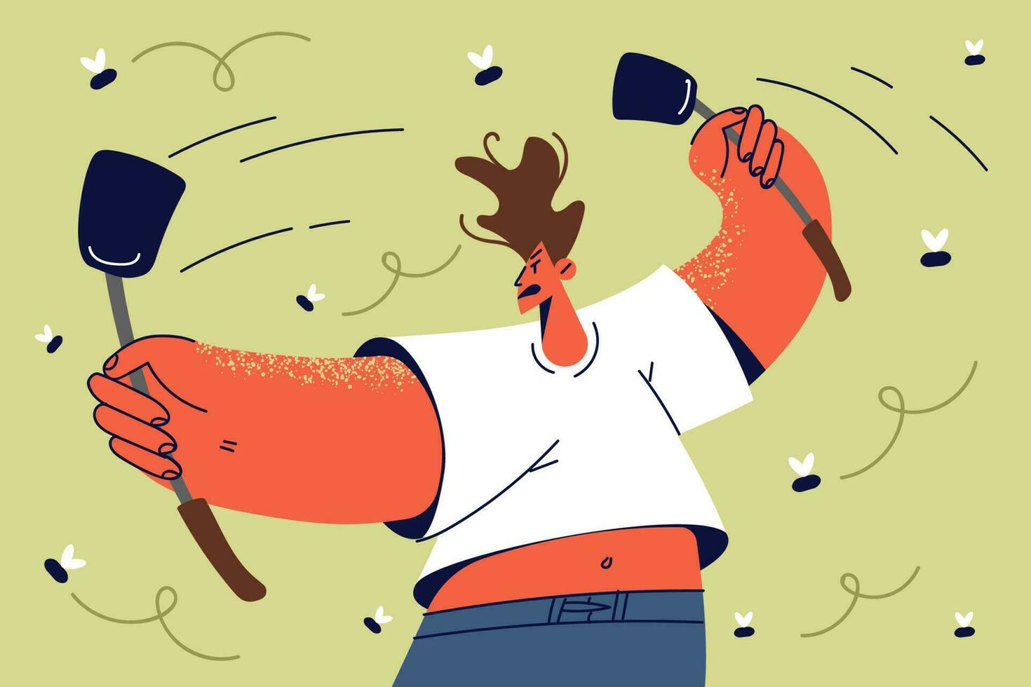 Angry man with fly swatters fight with insects indoors. Unhappy mad guy eliminate bugs at home. Vector illustration.