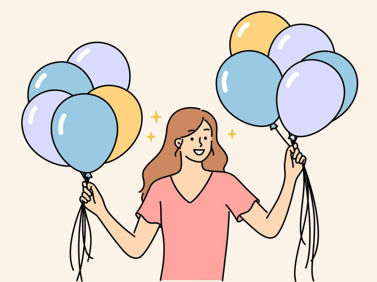 sonriente niña participación aire globos en manos. contento mujer con globos pila de algo celebrar o saludo con cumpleaños. vector ilustración.