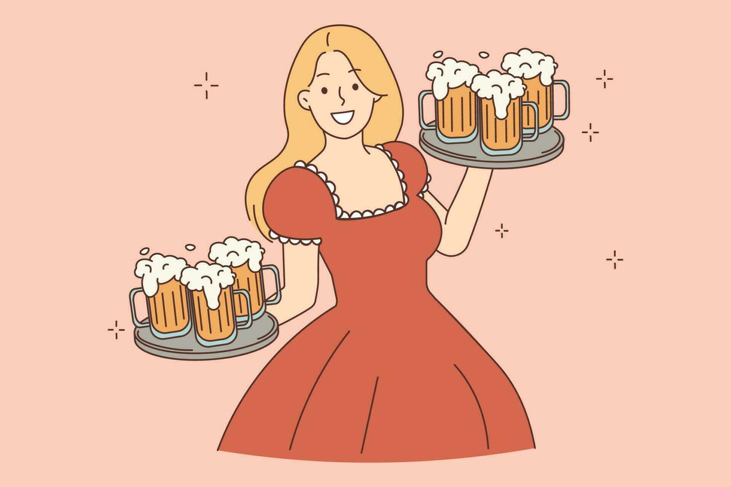 Happy young woman in dress with beer on trays serving October beerfest. Smiling waitress with alcohol on festival or event. Vector illustration.