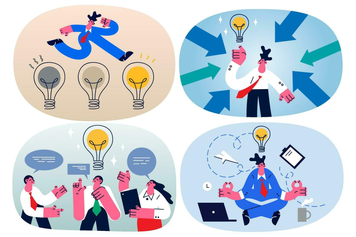 Businesspeople brainstorm generate business idea develop startup project. Employees or colleagues come to innovative solution. Problem solving. Teamwork and collaboration. Vector illustration. Set.