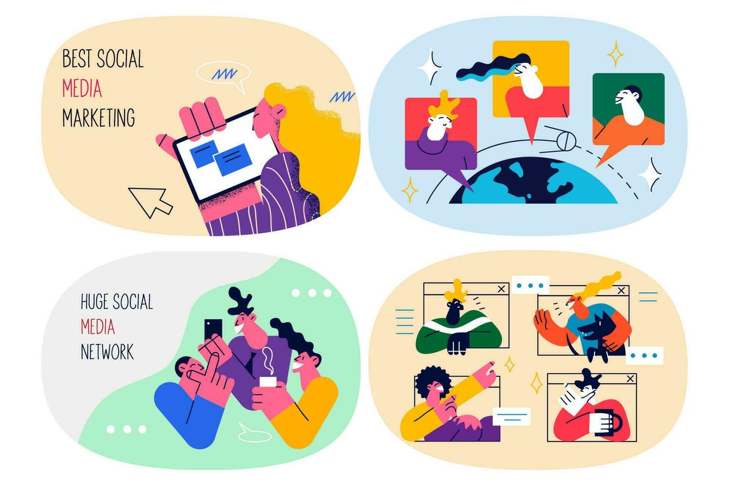 Diverse students learn in online school or university communicate in network. People study social media marketing on web. Remote distant education. Digital course. Flat vector illustration. Set.