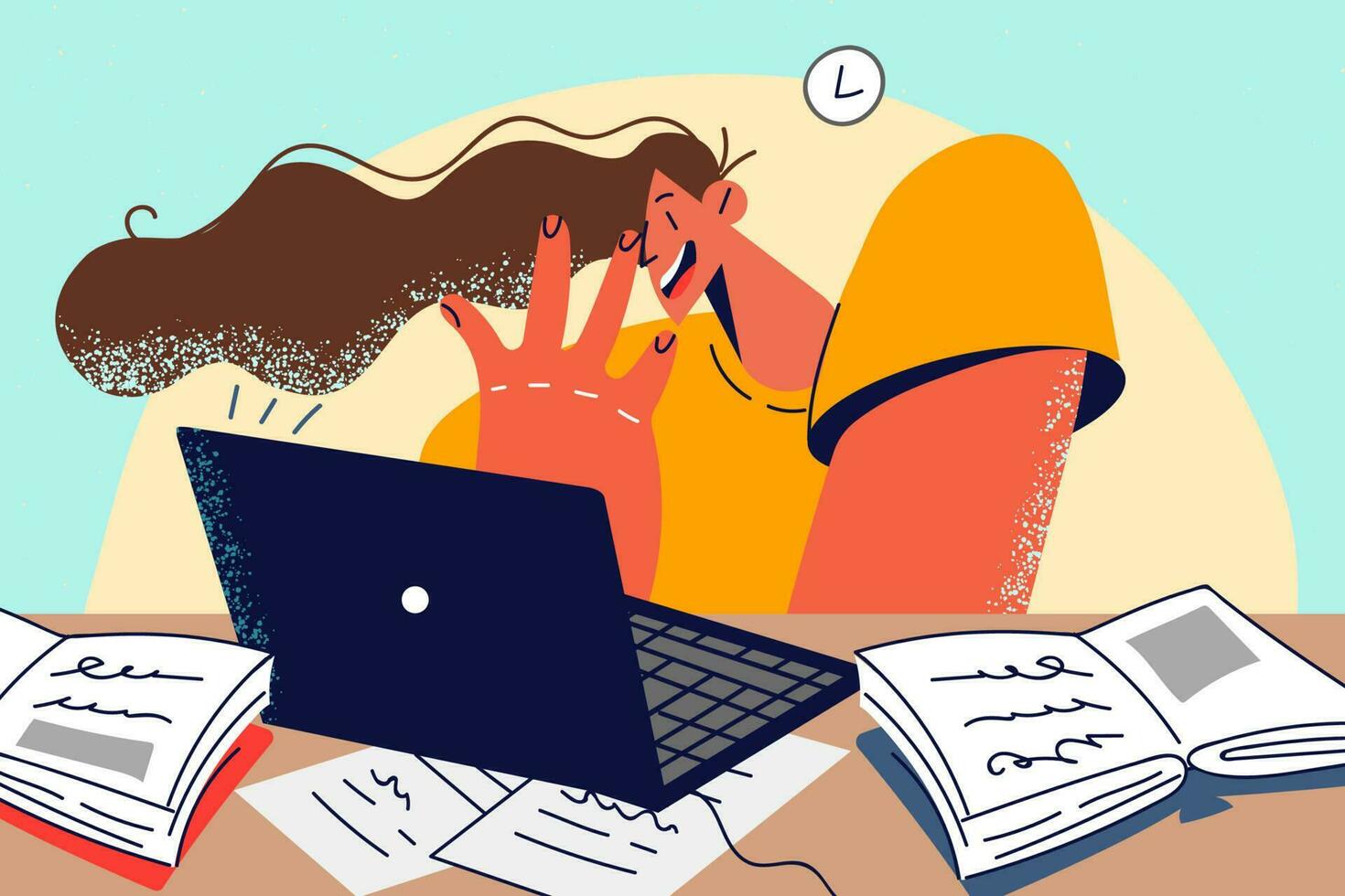 Young woman study online on computer stressed with deadlines. Female student frustrated with learning, working on laptop at home. Exam preparation. Vector illustration.