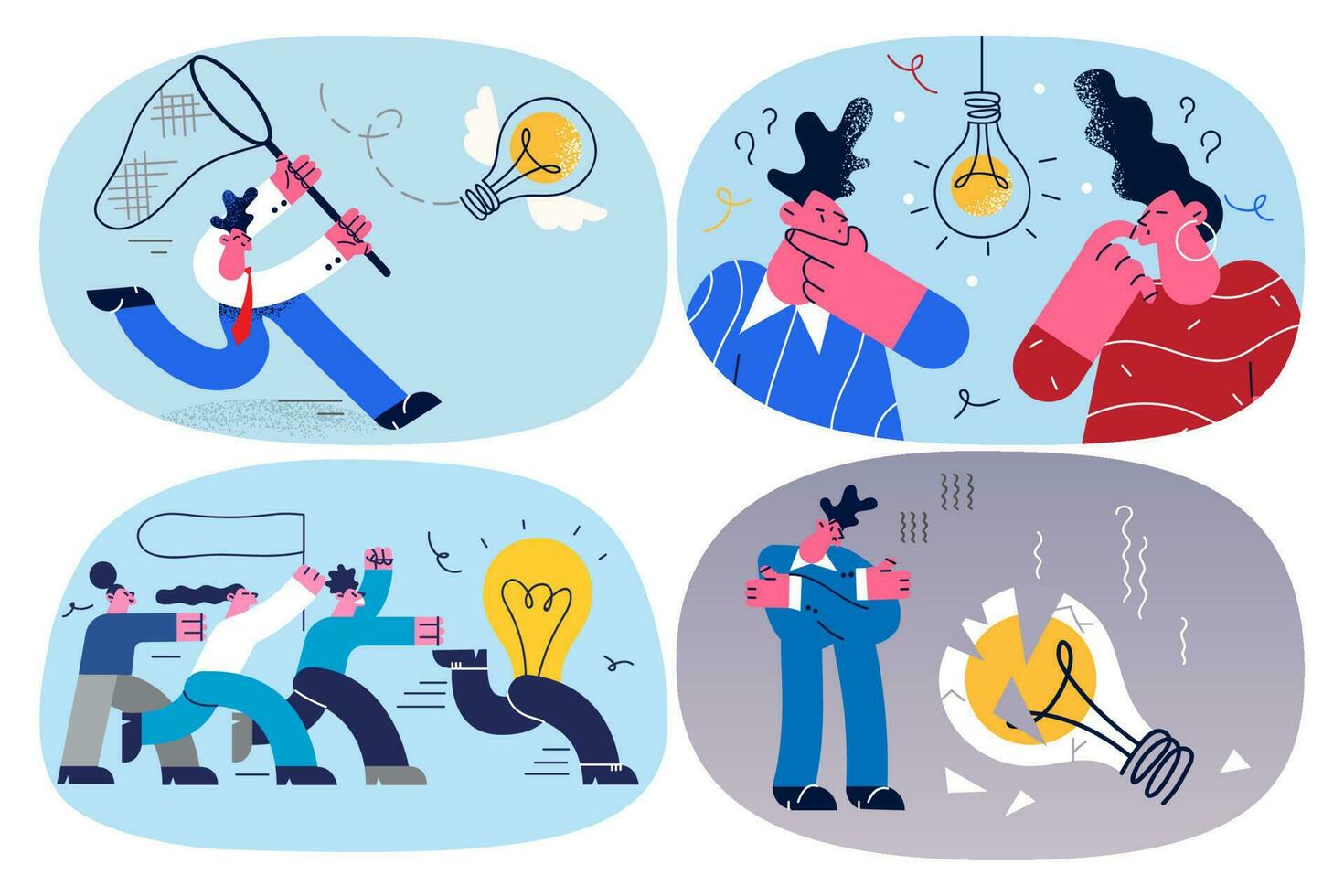 Diverse businesspeople focus on business problem solution or startup launch. Employee or worker brainstorm think over corporate idea make plan ponder. Innovation. Vector illustration. Set.