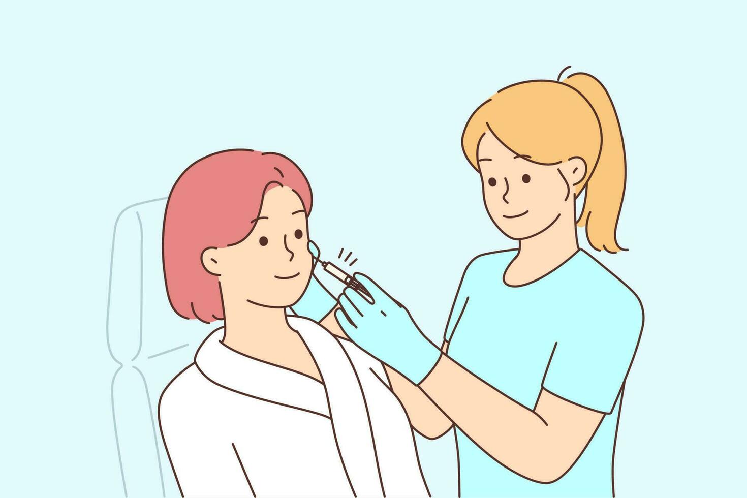 Woman client sit in chair get face procedures in beauty salon. Female customer receive facial treatment in cosmetologist cabinet or saloon. Vector illustration.