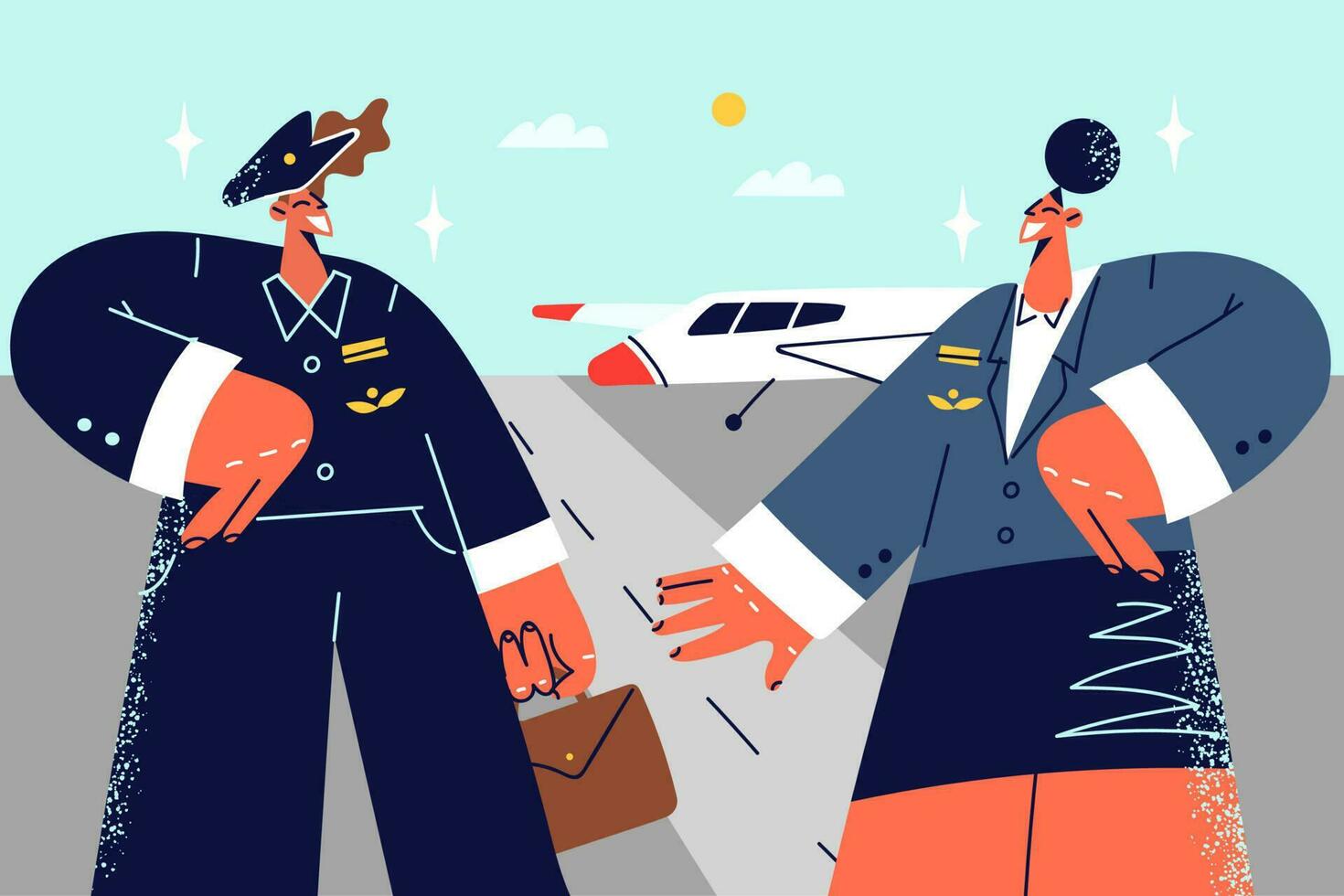 Airplane crew in uniform standing near aircraft outdoors. Stewardess and pilot posing in airport. Plane attendant and captains. Vector illustration.