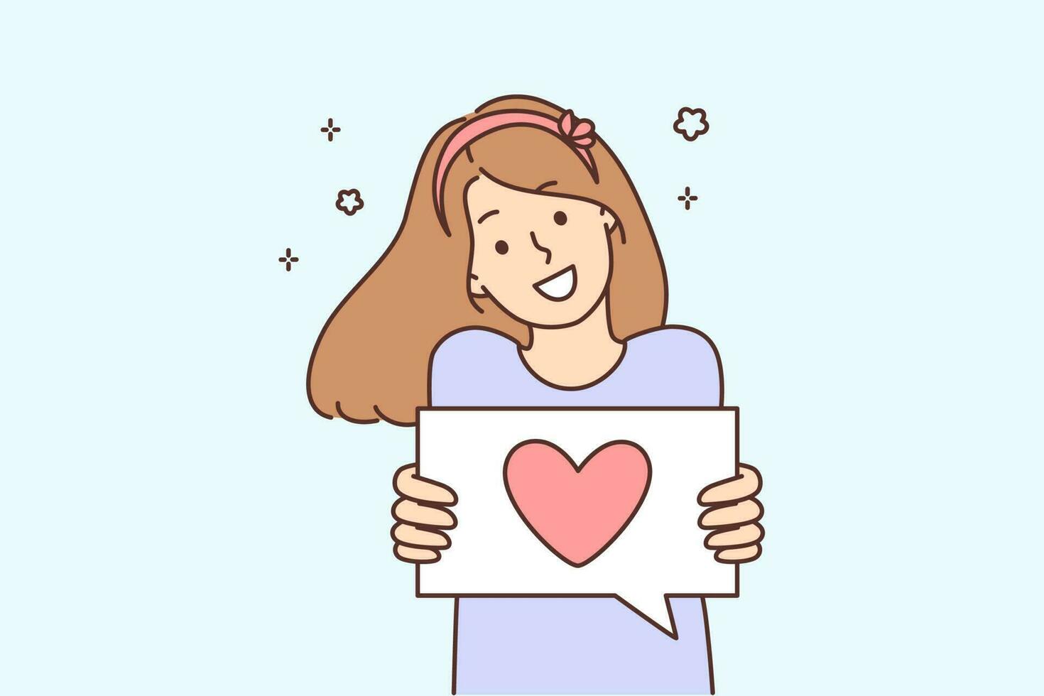 Smiling girl show heart drawing on paper share love and care to world. Happy child demonstrate sign feel grateful and thankful. Vector illustration.