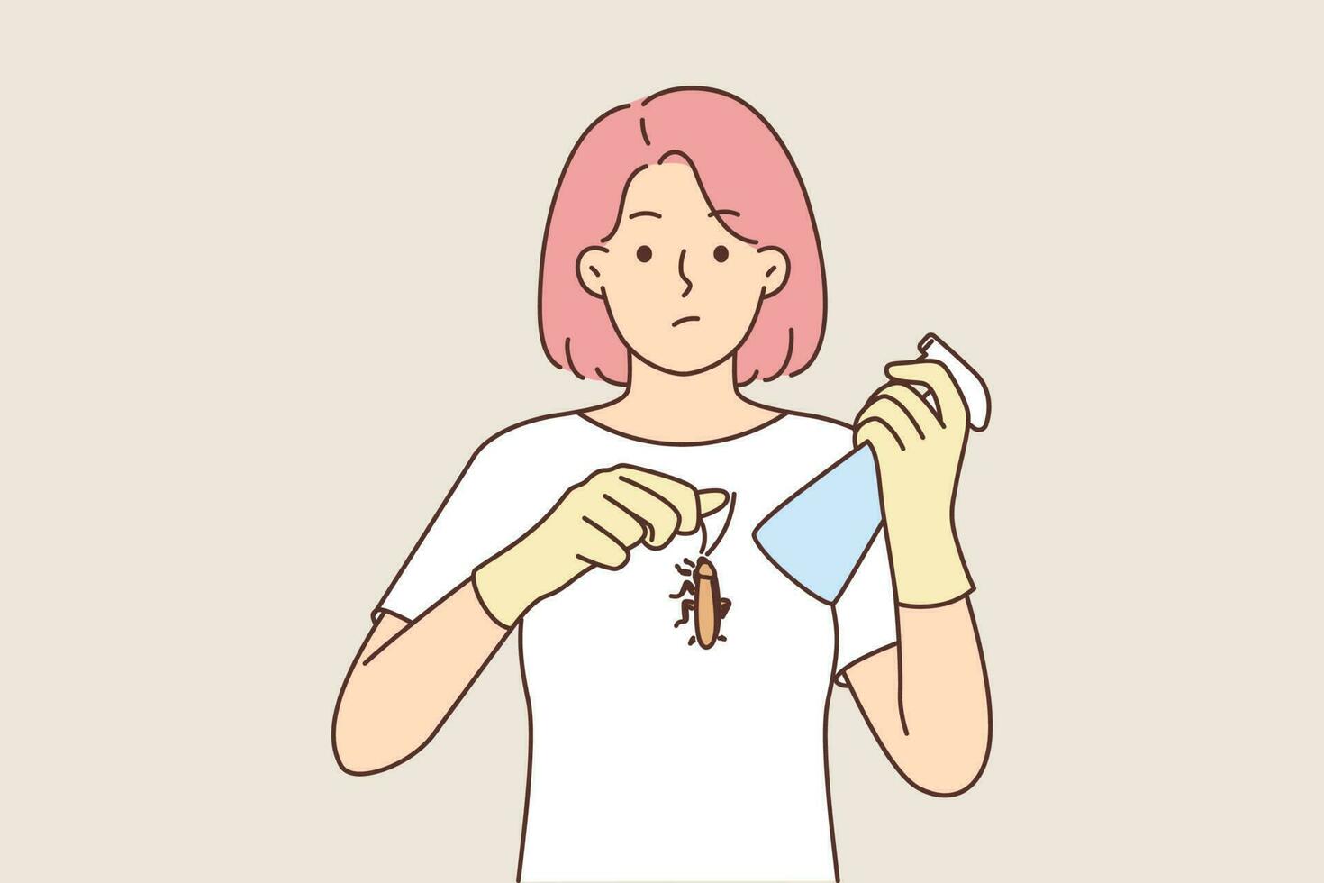 Embarrassed woman holding cockroach and spray bottle with insecticide or pest control. Girl disinfects by destroying cockroach and beetles to avoid spread of infections or unsanitary conditions vector