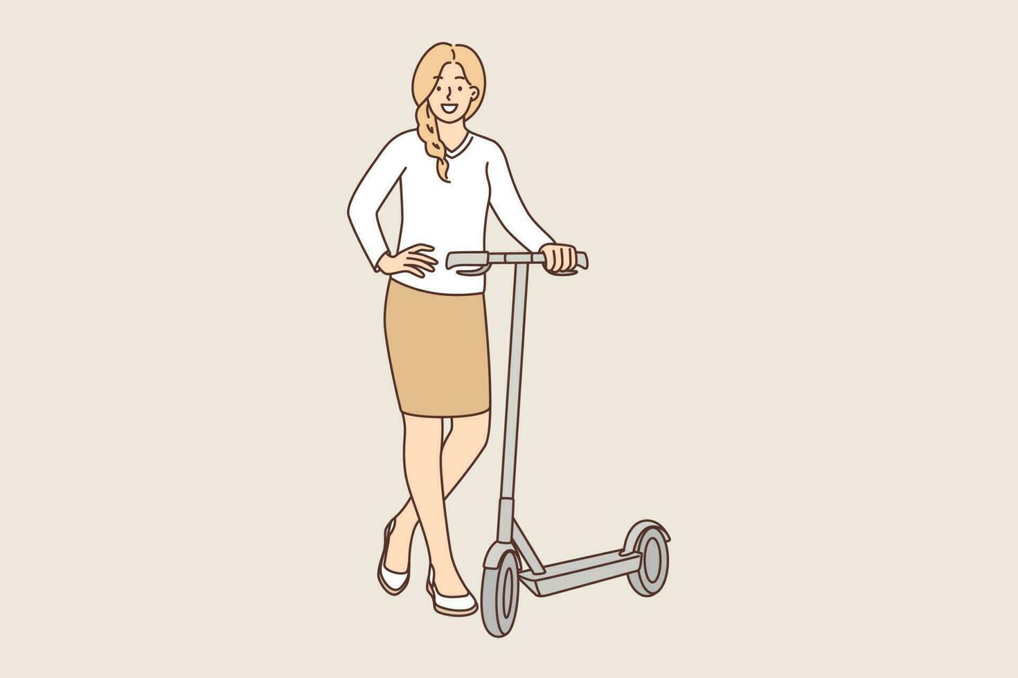 mujer soportes cerca scooter y sonrisas y ofertas utilizar alternativa transporte allí a obtener a trabajar. niña con eléctrico scooter mira a cámara vocación para abandonando gasolina coche para cuidado de naturaleza vector