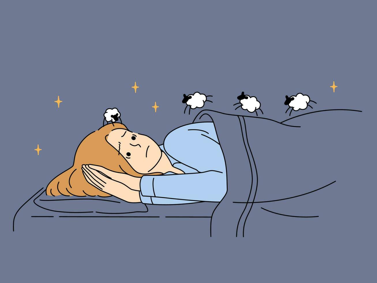 Unhappy woman lying in bed counting sheep suffer from insomnia. Stressed female suffer from thoughts unable to sleep. Health problems. Vector illustration.
