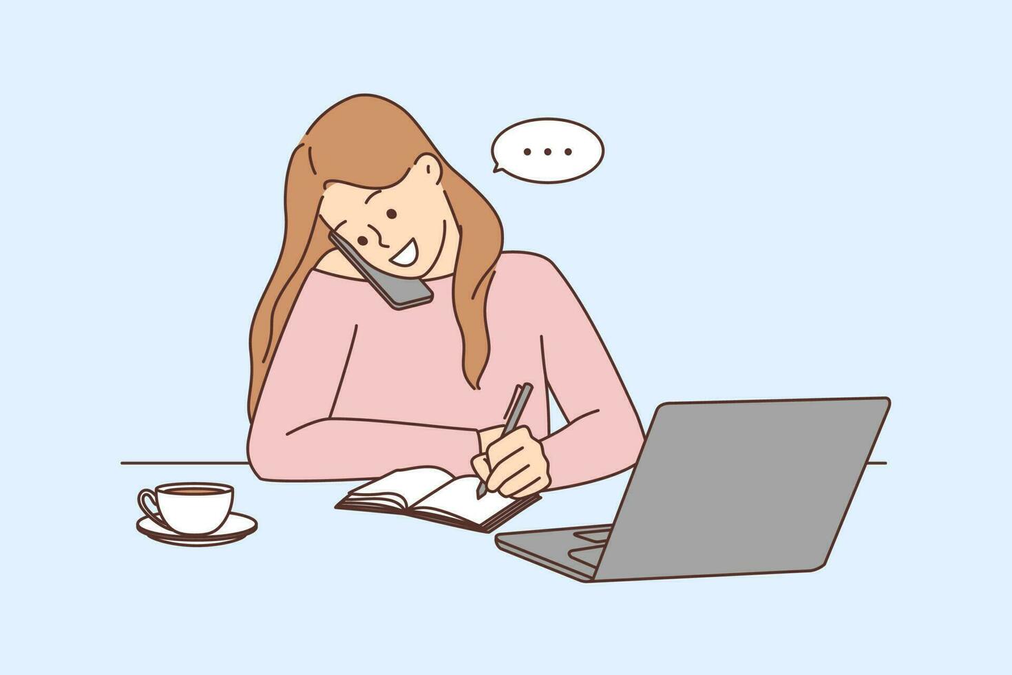 sonriente mujer de negocios sentar a escritorio trabajo en computadora hablando en Teléfono móvil. contento mujer Tarea múltiple chateando en teléfono inteligente vector ilustración.