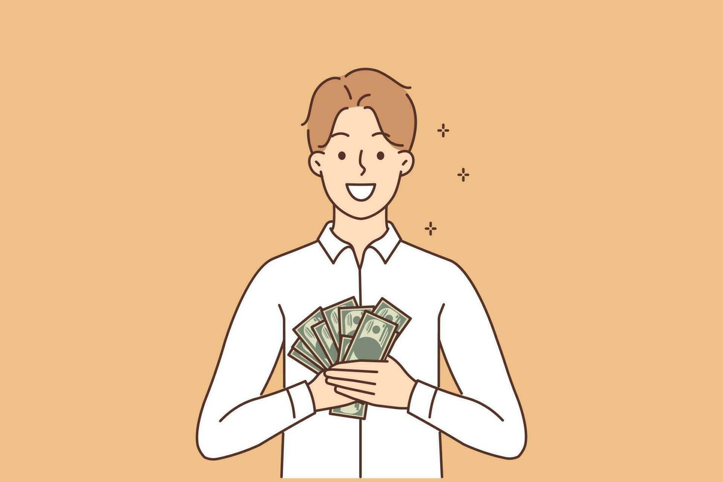 Smiling rich man stand holding pile of dollar banknotes get percentage from investment. Happy male with money celebrate promotion or salary rise. Vector illustration.