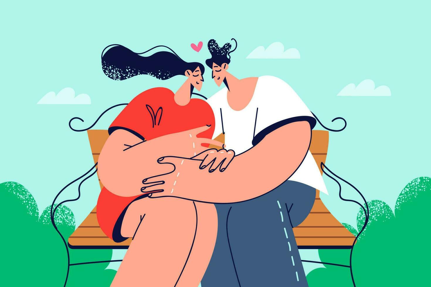 Happy couple sitting on bench hugging. Smiling man and woman enjoy date outdoors in park embracing and cuddling. Vector illustration.