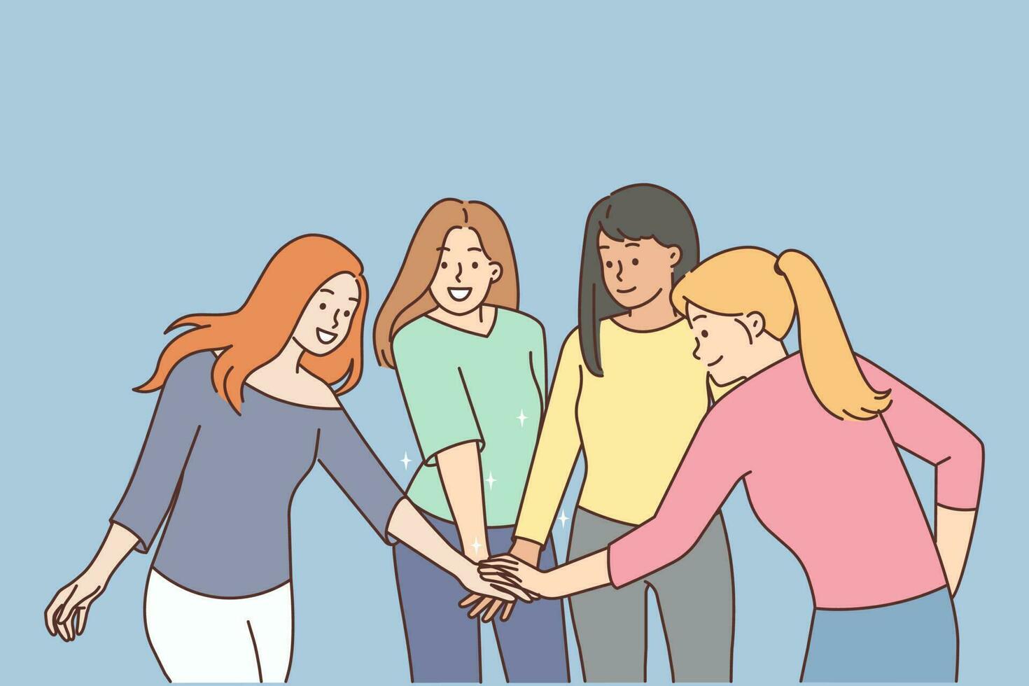 Smiling diverse girls join hands show unity and leadership. Happy girlfriends engaged in teambuilding together. Teamwork concept. Vector illustration.