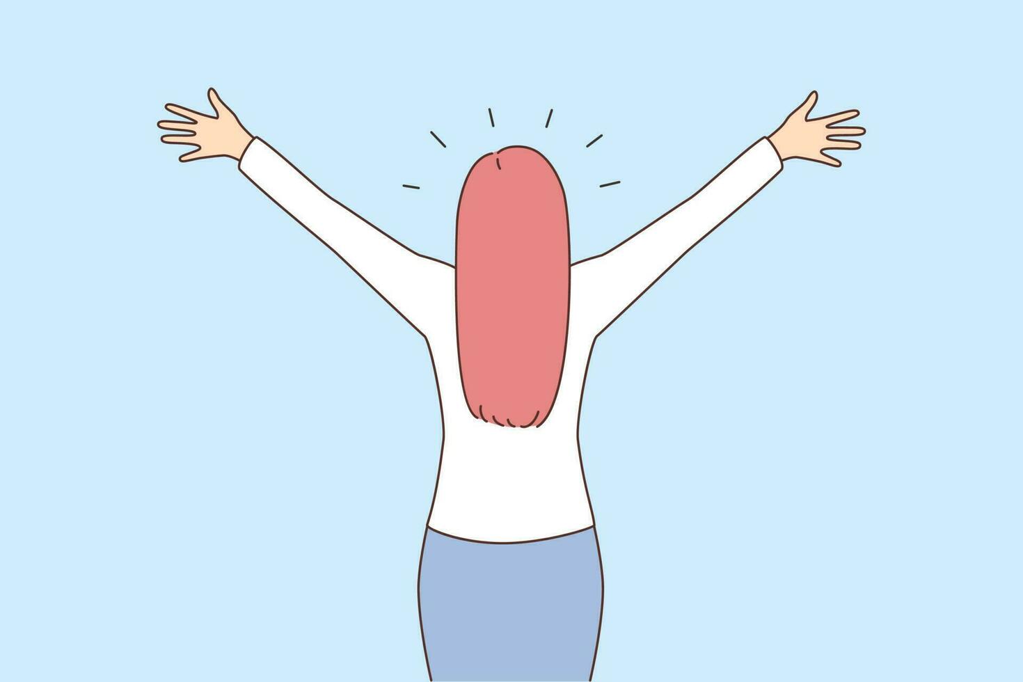 Back view of confident businesswoman stand with hands open welcome new opportunities. Successful woman ready for career perspectives and possibilities. Vector illustration.