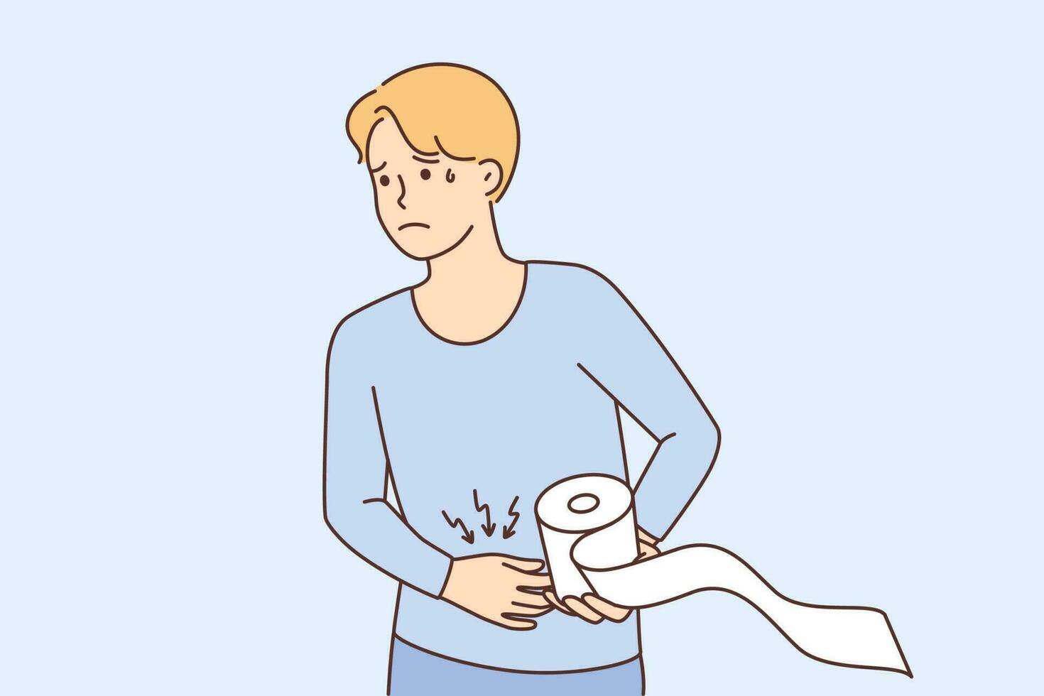 Unhealthy young man suffer from stomachache go to toilet with paper roll. Unwell guy suffer from diarrhea or belly pain. Healthcare concept. Vector illustration.