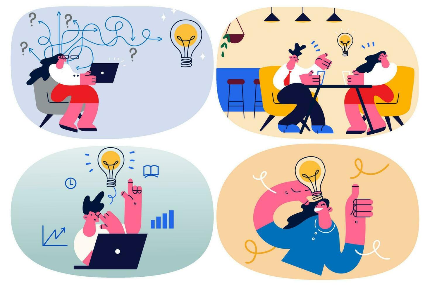 Employees work in office on innovative startup project or strategy using computer. Businesspeople brainstorm cooperate generating business idea. Innovation concept. Vector illustration. Set.