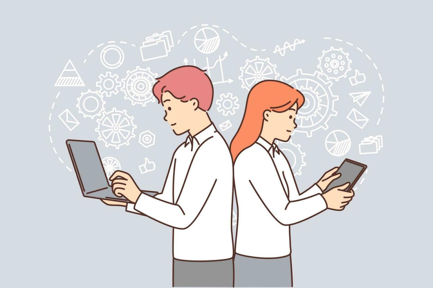 Man and woman with gadgets are doing brainstorming standing among gears symbolizing business processes. Colleagues together think about ways to optimize business processes to increase profits vector