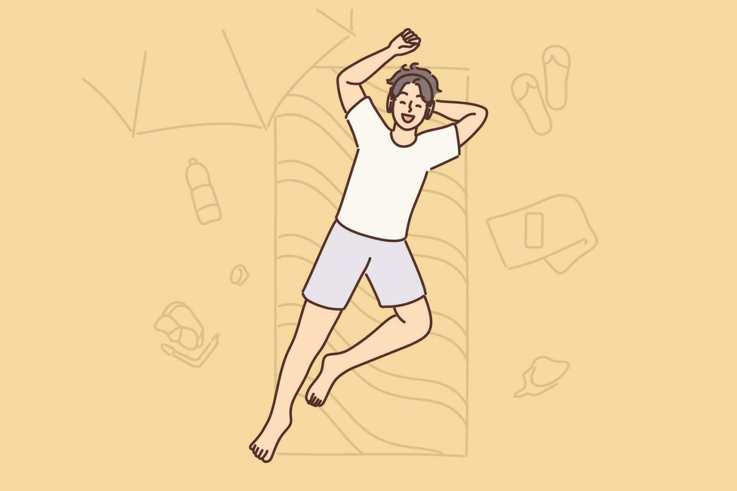 Man sunbaths lying on mattress on beach and enjoys summer holidays on hot island. Carefree guy lies on beach in clothes and listens to music relaxing in tropical resort near ocean. vector