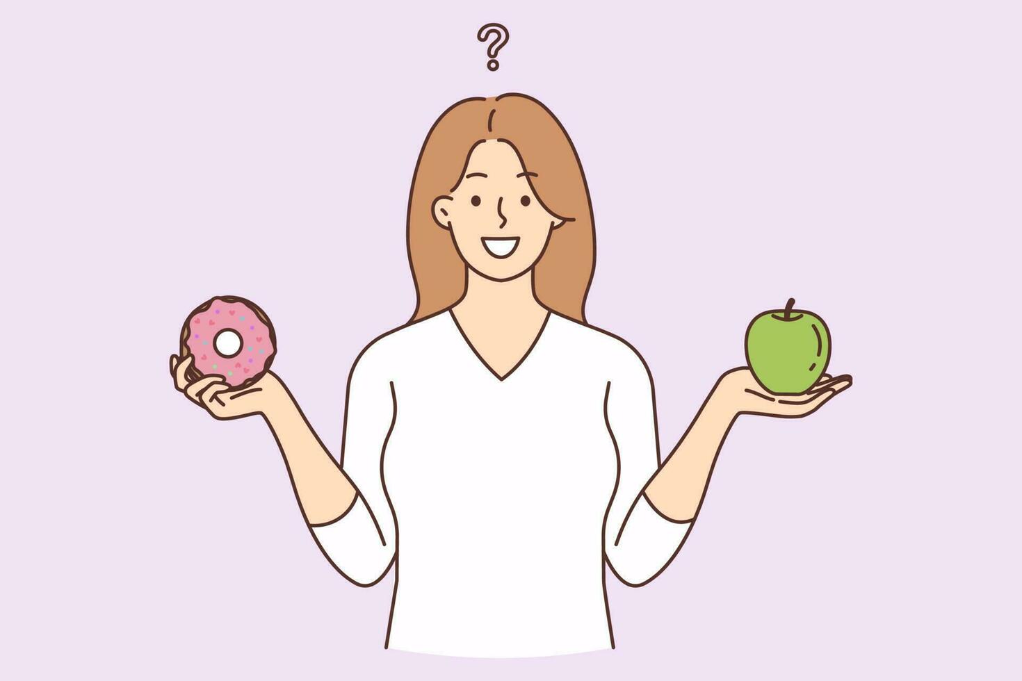 Smiling young woman choose between dessert and fruit. Happy female make choice between healthy and unhealthy food. Diet and nutrition. Vector illustration.