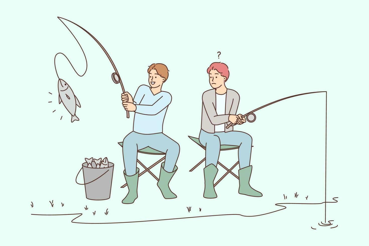hombres sentado en río banco pesca. chico frustrado con amigo pescado atrapar. pescadores pasatiempo al aire libre. vector ilustración.