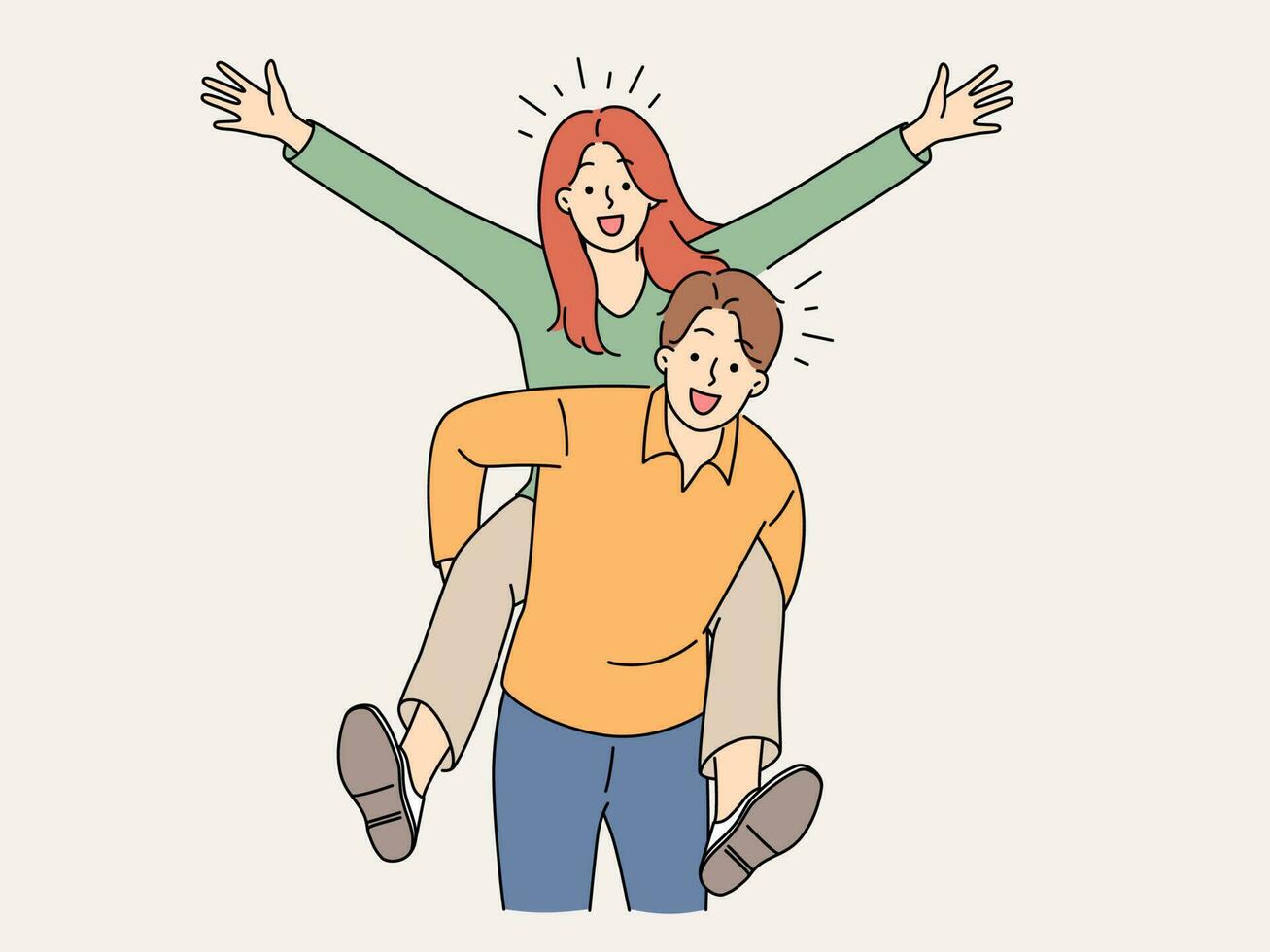 Happy woman piggyback smiling man have fun together. Overjoyed couple feeling positive. Male carry girlfriend on back. Vector illustration.