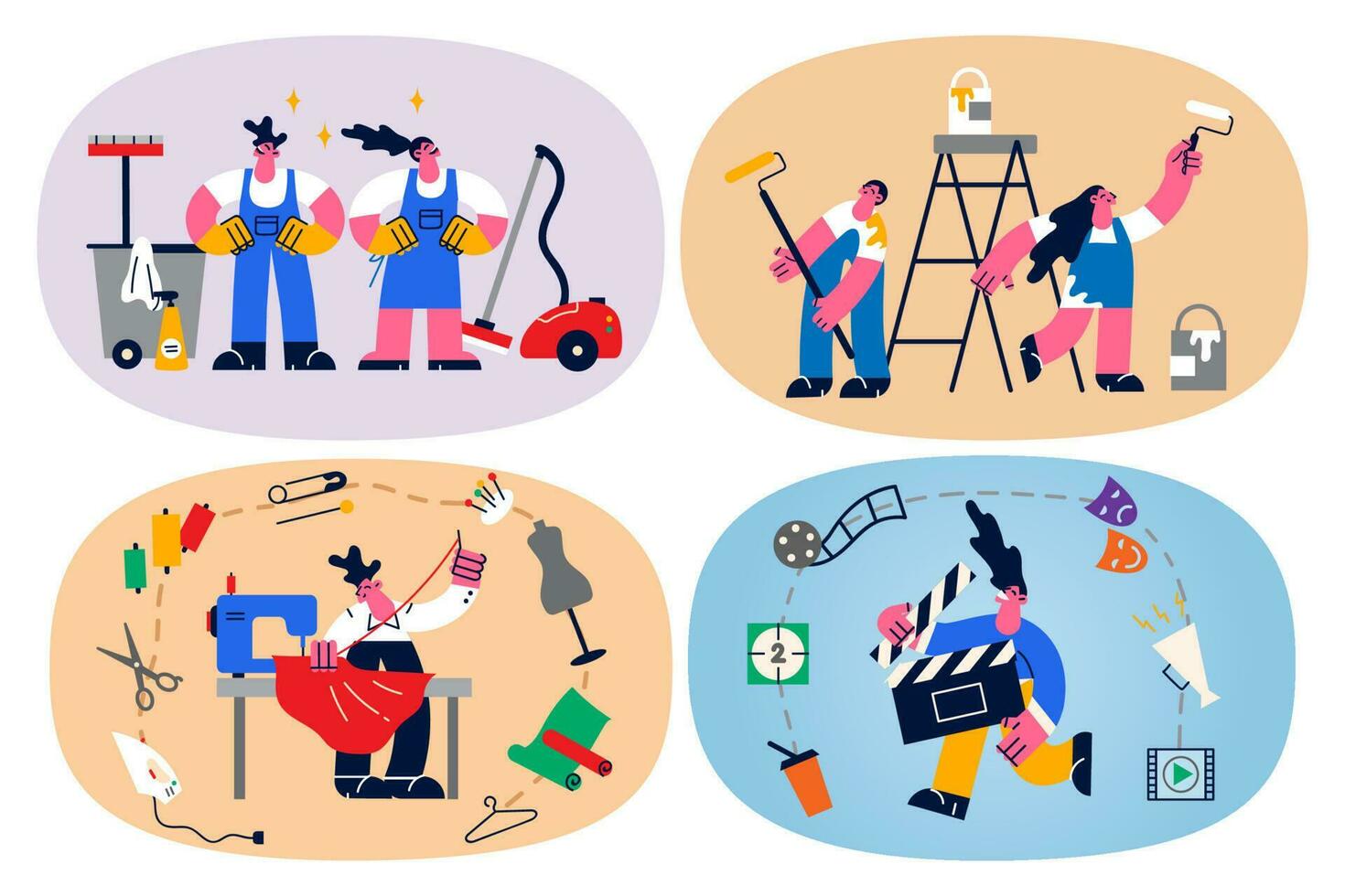 Set of diverse people occupations. Collection of person professional or specialist work with clients. Housekeeping and repairman service. Artistic designer and film producer. Vector illustration.