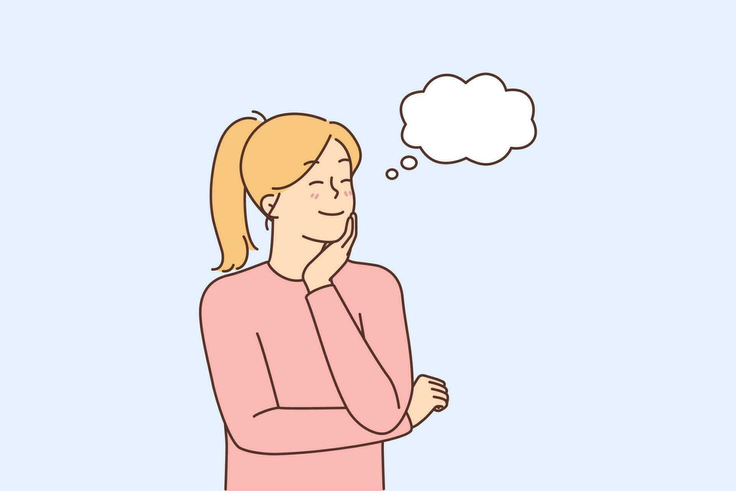 Smiling young woman with speech bubble above head thinking or making plans. Happy girl dream or visualize. Daydreaming and visualization. Vector illustration.