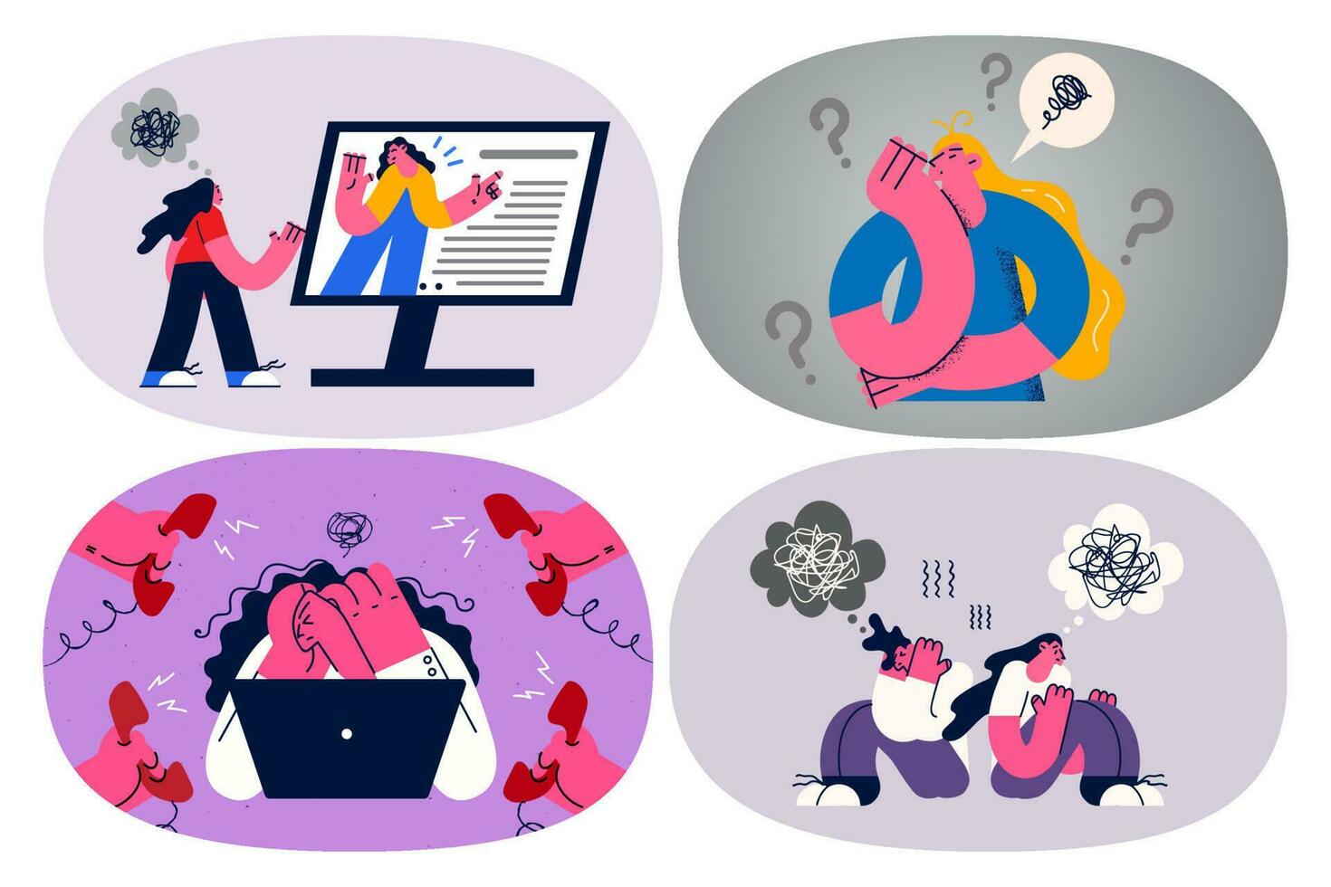 Set of stressed unhappy woman suffer from mental disorder with chaos or mess in head need psychotherapist help. Upset female feel confused have burnout. Flat vector illustration.