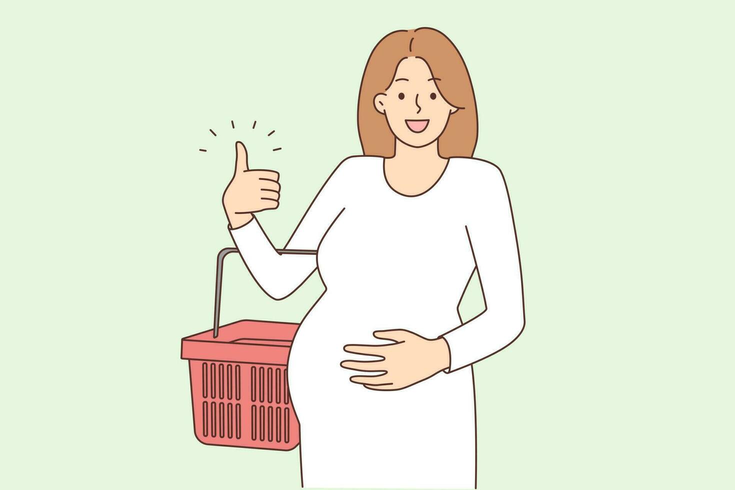 Happy young pregnant woman with basket shopping in mall. Smiling female with belly show thumb up excited about buying. Pregnancy concept. Vector illustration.