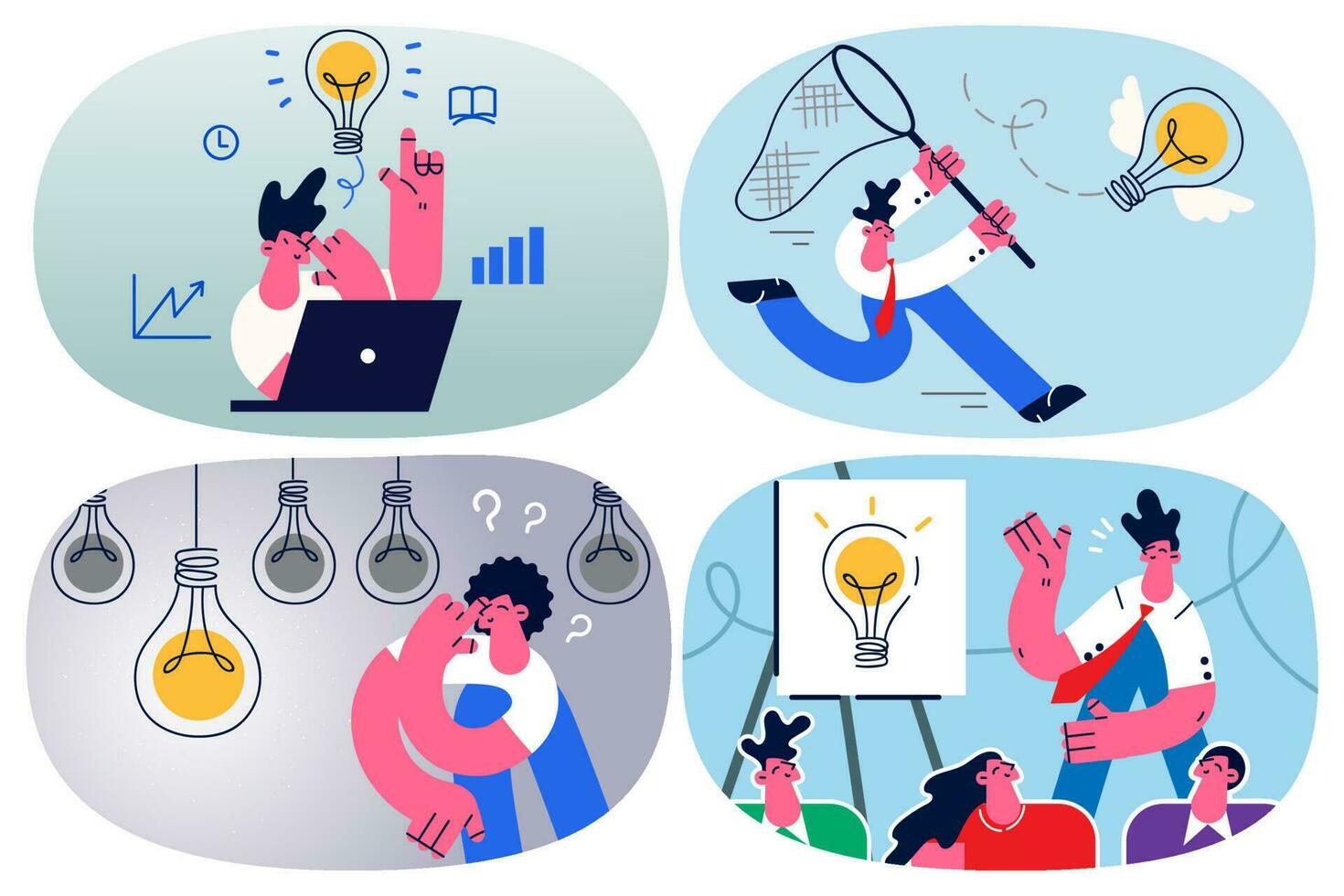Employee work in office think generate business idea or plan for goal achievement. Businesspeople brainstorm search for innovative startup develop project. Innovation. Vector illustration. Set.