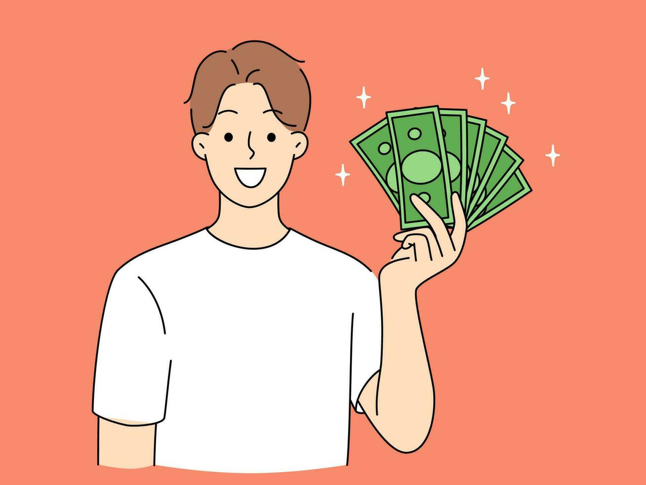 Smiling young man holding pile of cash in hands. Happy successful rich male with money stack excited about win or promotion. Vector illustration.